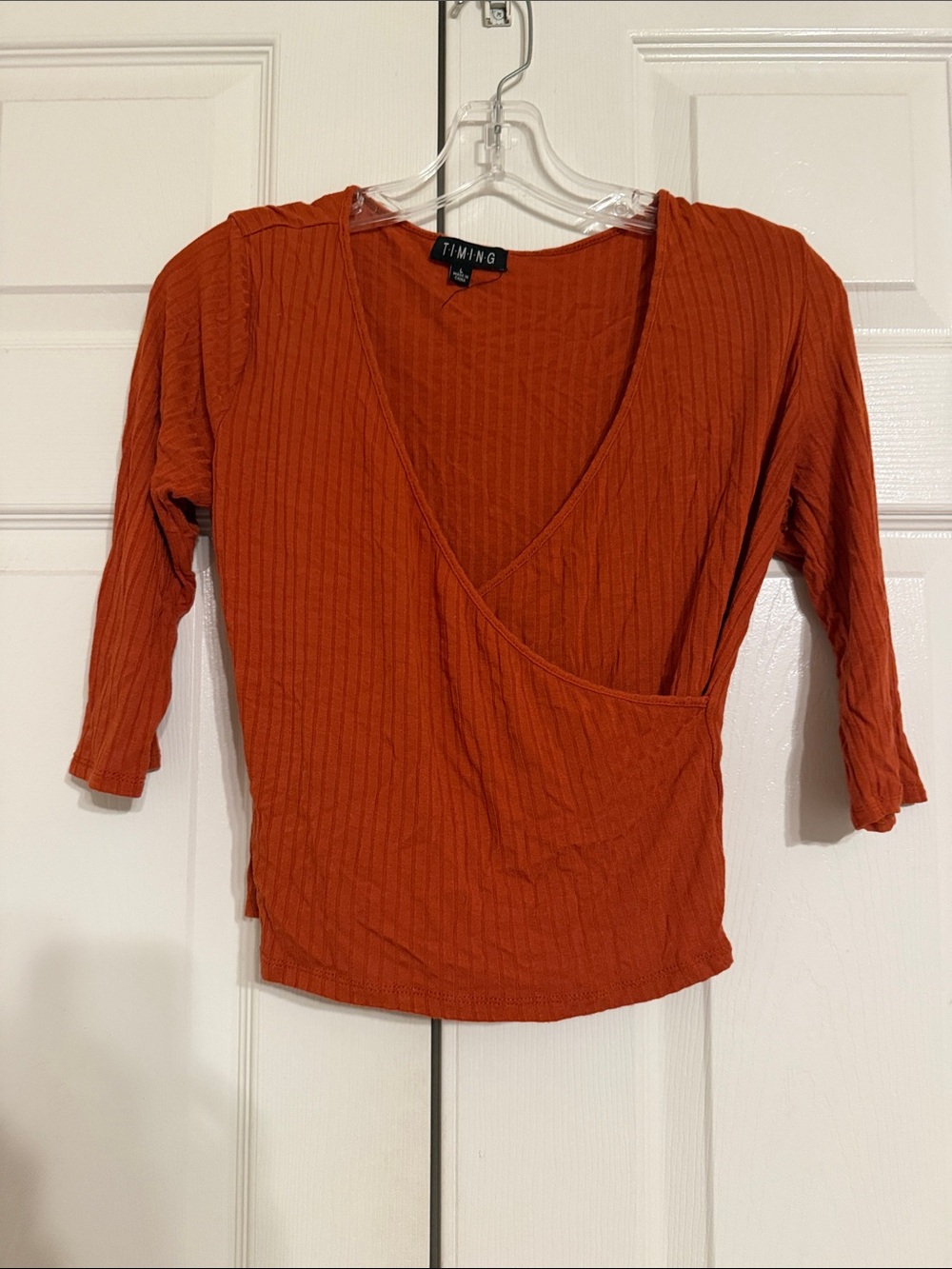 Timing Rust Orange Ribbed Wrap-Front Crop Top